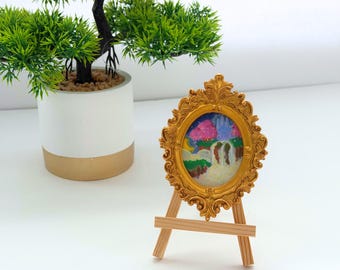 Miniature Moonlit Waterfall Castle Painting, Ornate Gold Frame, Magnetic Decor
