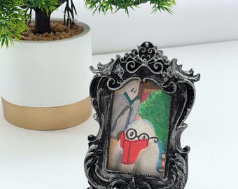 Reading Ghost Mini Original Painting in Ornate Dark Frame