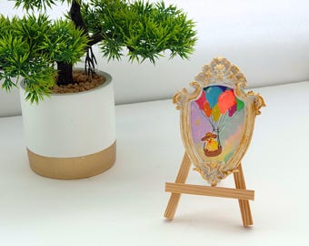 Magnetic Mini Framed Original Painting Balloon Chick Art, Tiny Whimsical Nursery Decor Cute Spring Gift Colorful Storybook Magnet