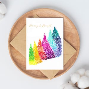 Rainbow Ombre Pines Cartão de Boas Festas Cartão de Natal em branco Tamanho A9 Cartão de saudação em aquarela alegre e brilhante