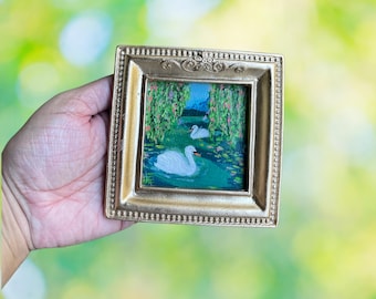 Mini Swans Lake Art: Whimsical Gold Frame Magnetic Art