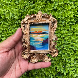 Victorian Framed Seascape Painting: Golden Hour Mini Art (3x4 inches)