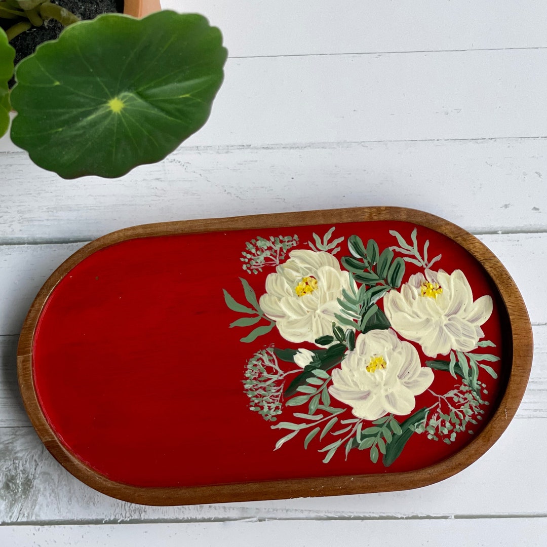 Oval Floral Elegance Handpainted Wooden Jewelry Tray Accessories