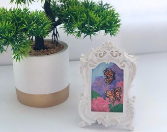 Monarch Butterfly Mini Framed Art Hydrangea Painting Whimsical Botanical Decor Cottagecore Bookshelf Tiny Butterfly Gift Miniature Frame