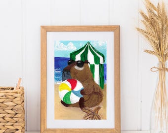 Kunstprint met capibara op het strand: speelse zomerse dierendecoratie