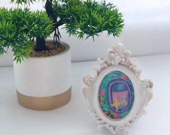 Fantasy Portal Mirror Mini Framed Art Whimsical Miniature Painting, Tiny Framed Decor Cottagecore Bookish Shelf Enchanted Gift