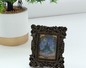 Moonlit Storybook Castle Mini Original Painting in Ornate Dark Frame
