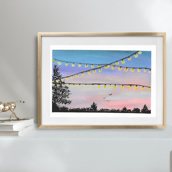 Urban Twilight Glow Gouache Art Sunset Sky with String Lights home office original painting home living room decor art Valentine's Day gift