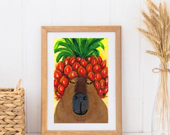 Pineapple Capybara Art Print: Tropical Animal Wall Decor