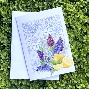 Carte de voeux florale et fruits pour la fête des mères carte de voeux florale citron et lilas cadeau pour elle carte de remerciement fleurs