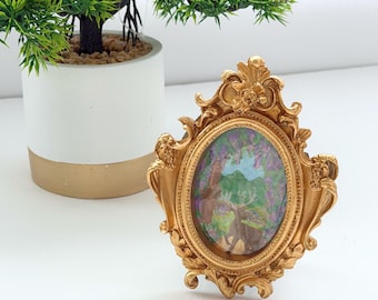 Mini Framed Original Painting, Enchanted Stag Meadow Art, Woodland Fantasy Decor, Tiny Cottagecore Deer Painting, Whimsical Gift