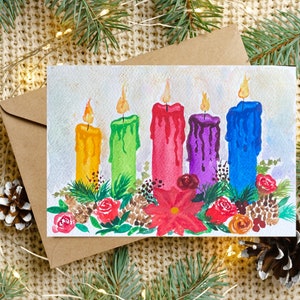 Feliz Navidad Glow handgemalte Aquarell Grußkarte mit 5 bunten Kerzen Weihnachtsgrußkarte fröhlich Notecard blanko