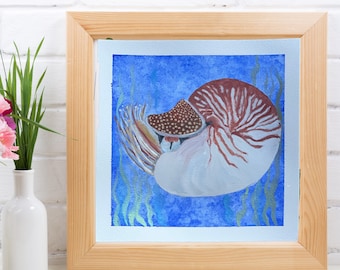 Pintura de acuarela de Nautilus: decoración náutica costera, 8x8 sin marco