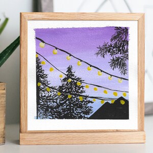 Cityscape Gouache Painting, Sunset Sky with String Lights (6x6 in)