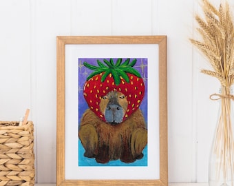 Aardbeicapibara-kunstprint: grillige dierenmuurdecoratie