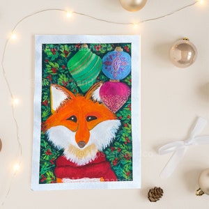 Dipinto originale a guazzo natalizio "Holiday Fox", classico, retrò, da appendere alla parete, arte vintage, decorazione per la casa, arte festiva stagionale.