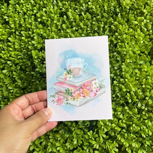 café floral amante de los libros tarjeta de nota libro floral y taza de té saludo tarjeta de invitación regalo flores dobladas papelería tarjetas en blanco aniversario