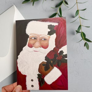 Santa's Warm Embrace - Handgemalte Papa Noel Grußkarte auf Leinwand Kunst Weihnachtskarte personalisiert Weihnachtsmann