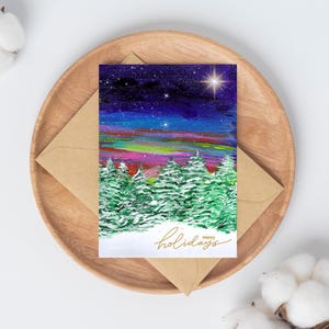 Aurora Borealis & Frosted Pines - Tarjeta de felicitación navideña con diseño de felices fiestas, tarjeta en blanco de tamaño A9, tarjetas de felicitación de invierno con auroras boreales, idea de regalo
