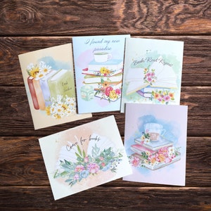 boek minnaar notitiekaart set van 5 bloemen boek en thee minnaar groet uitnodigingskaart cadeau stroomt gevouwen briefpapier blanco kaarten jubileum