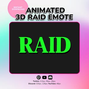 Può includere: Grafica animata 3D Raid Emote con la parola "RAID" in lettere verde brillante su sfondo nero. L'immagine include il testo "DOWNLOAD IMMEDIATO" in un cerchio rosa e icone di social media.
