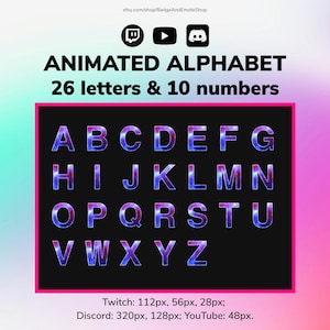 Op de afbeelding: Afbeelding met een geanimeerd alfabet met 26 letters en 10 cijfers. De letters hebben een verloop van blauw, paars en roze. De tekst "ANIMATED ALPHABET" staat bovenaan, met social media-pictogrammen.
