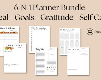 6-in-1 Planner Bundle | Meal, Goals, Gratitude, Self-Care (Digital PDF)