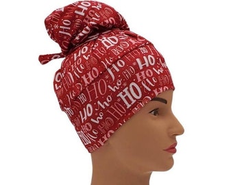 Christmas scrub cap, Santa HoHoHo surgical hat with buttons, Long hair dental cap, Pediatric Nurses medical head covering