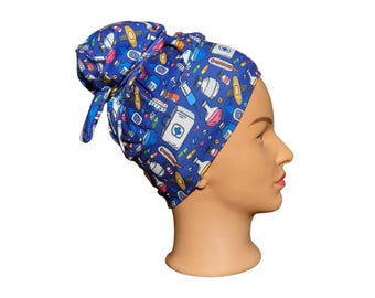 Doctors Bag Scrub Cap: High Bun, Medical Theme