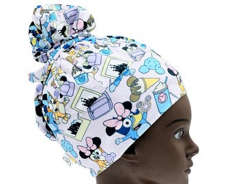 Blue Dog and mouse ears, High bun surgical hat with buttons, Long hair dental cap, Nurses medical head covering