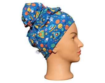 Animals and planets, High bun surgical hat with buttons, Long hair dental cap, Nurses medical head covering