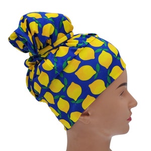 Scrub cap for long hair, Navy surgical hat with lemons, Medical dental hair covering. Lightweight with optional buttons for mask