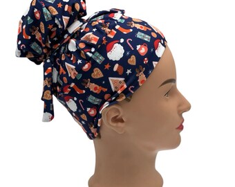 Cozy Christmas holidays scrub cap, holiday surgical hat with buttons, Long hair stretchy scrub cap, Santa nurses medical head covering