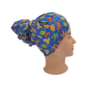 Fall leaves Stretchy surgical cap, Long hair women&#39;s scrub cap, blue high bun nurse hat with buttons for mask