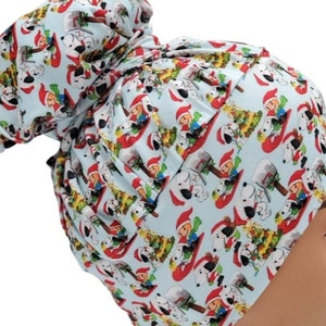 Christmas scrub cap with comics, Holiday surgical hat, Stretchy nurses hair covering