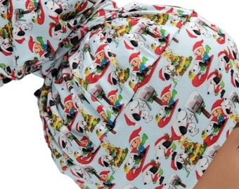 Christmas scrub cap with comics, Holiday surgical hat, Stretchy nurses hair covering