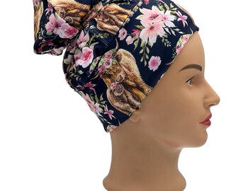Highland Cow Mom and Baby Scrub Cap | Fluffy Highland Cattle Mother and Calf Floral Ponytail Scrub Hat | Surgical Cap for Nurses