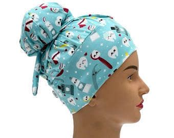 Happy dental tools scrub cap, High bun surgical hat with buttons, Long hair dental cap, Nurses medical head covering
