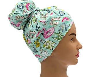 Tropical vacation vibes scrub cap, High bun surgical hat with buttons, Long hair dental cap, Nurses medical head covering