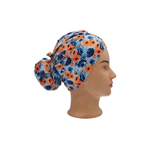 Floral ponytail surgical hat with buttons, High bun scrub cap, Stretchy dental cap for women, Long hair scrub cap