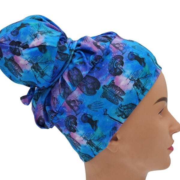 Anatomy Scrub cap for long hair, Surgical nurse hat with buttons (optional), Organ medical cap, Blue lightweight stretchy headwear