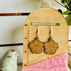 Solid Wood Floral Earrings, Laser Cut Flower Design, Lightweight Boho Jewelry, Handmade Eco-Friendly Earrings