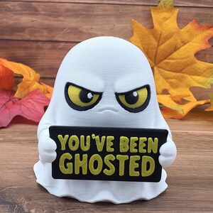 Grumpy Ghost Figurine, Funny Halloween Desk Decor, Interchangeable Sign (3D Printed)