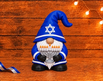 Hanukkah Gnome Figurine, Blue and White Jewish Holiday Decor, Optional Menorah, 3D Printed Gift