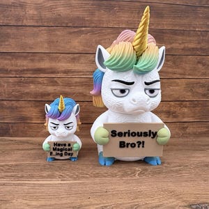 May include: Two white unicorn figurines with rainbow-colored manes and gold horns. The larger unicorn holds a tan sign that reads Seriously Bro?!, while the smaller unicorn holds a tan sign that reads Have a Magical F...ing Day. Both have grumpy expressions.