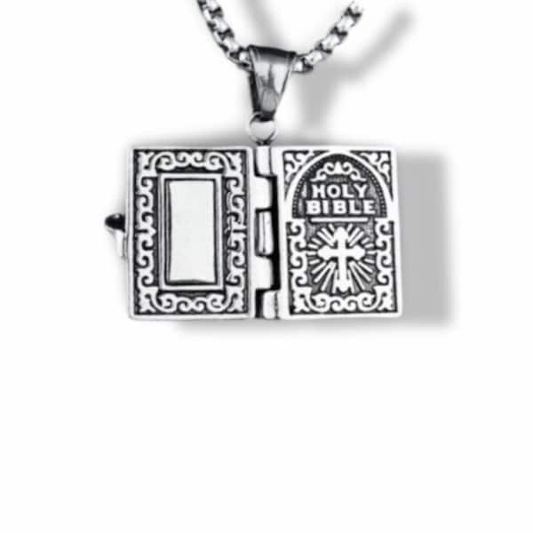 Holy Bible Necklace | Vintage Page Turnable Religion Bible Necklace pendant | Serenity Prayer Necklace |Lords prayer Stainless Steel Jewelry