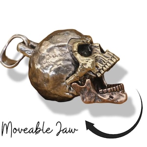 Gothic Skull Pendant with Moveable Jaw – Sterling Silver & Brass Punk Necklace,  Skull Pendant Moveable Jaw with Brass Accent