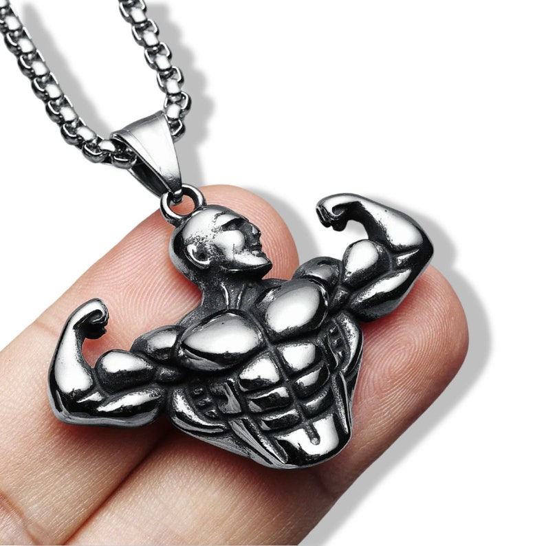Gym Bodybuilder Pendant , Silver Box Chain Strong Muscles , Minimalist ...
