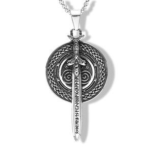 May include: A silver-toned metal pendant necklace featuring a circular shield design with an intricate braided border and central spiral motifs. A vertical sword is layered over the shield, with runic-style characters engraved along the blade.