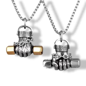 Dumbbell fist charm pendant , silver box chain necklace, minimalist necklace for men, fitness necklace, sports necklace , Dumbbell pendant